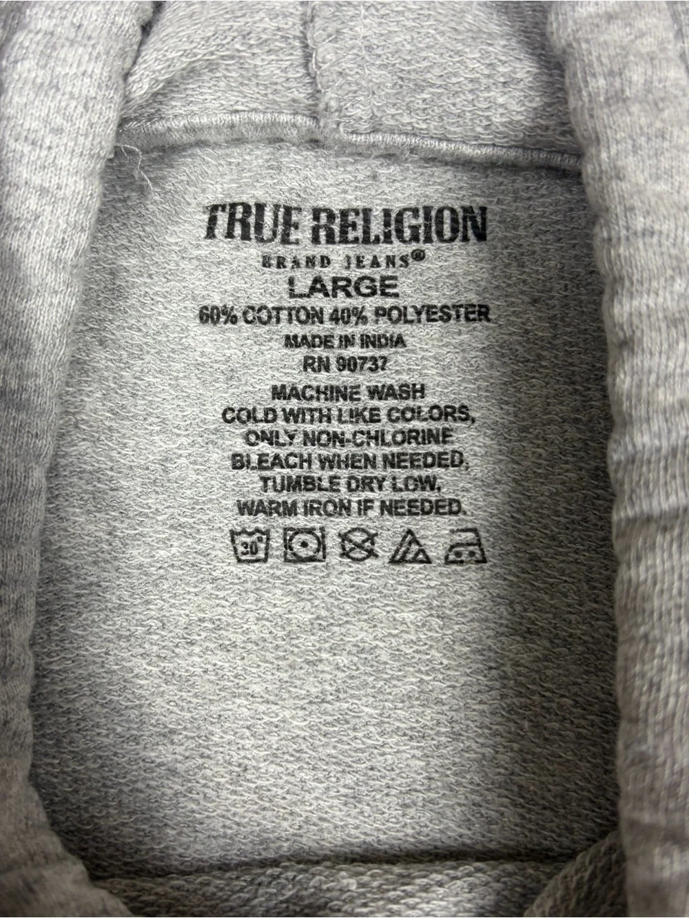True Religion Hoodie Mens Large Light Gray Logo Drawstring Pockets Pullover